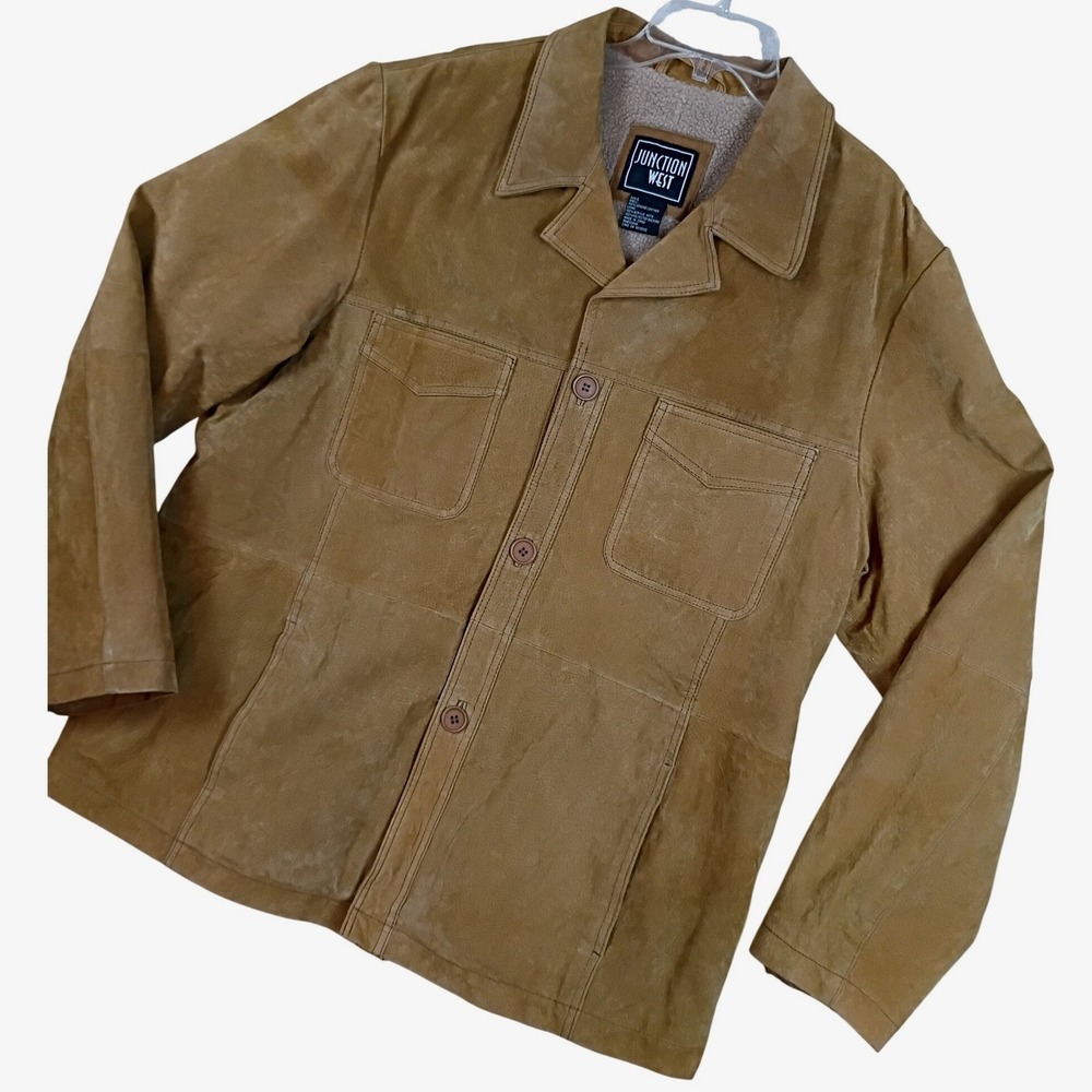 Junction West Vintage Suede Leather Jacket Mens L Tan Y2K Sherpa Lined Rancher
